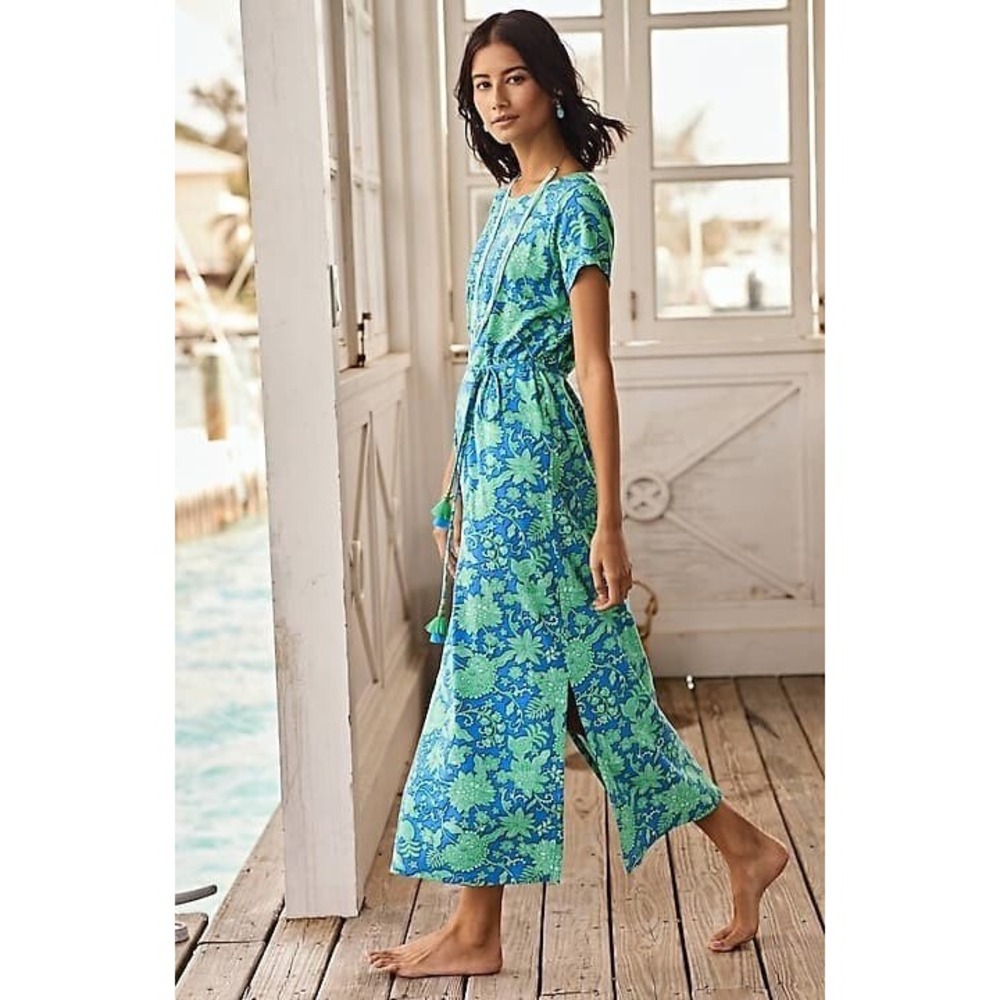 J. Jill Blue Green Floral Tassel Belt Maxi Dress 2X Cotton Tencel Coastal Beachy